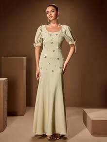 Women's V-Neck Puff Sleeve Butterfly Trim Elegant Rhinestone Embellished Dress - Green - View 3