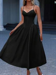 Unadoll 女士休闲性感低胸露背系带连衣裙，优雅设计，适合海滩度假、约会、日常穿着、生日、派对、情人节等场合，黑色夏季款 - 黑色 - 查看 2