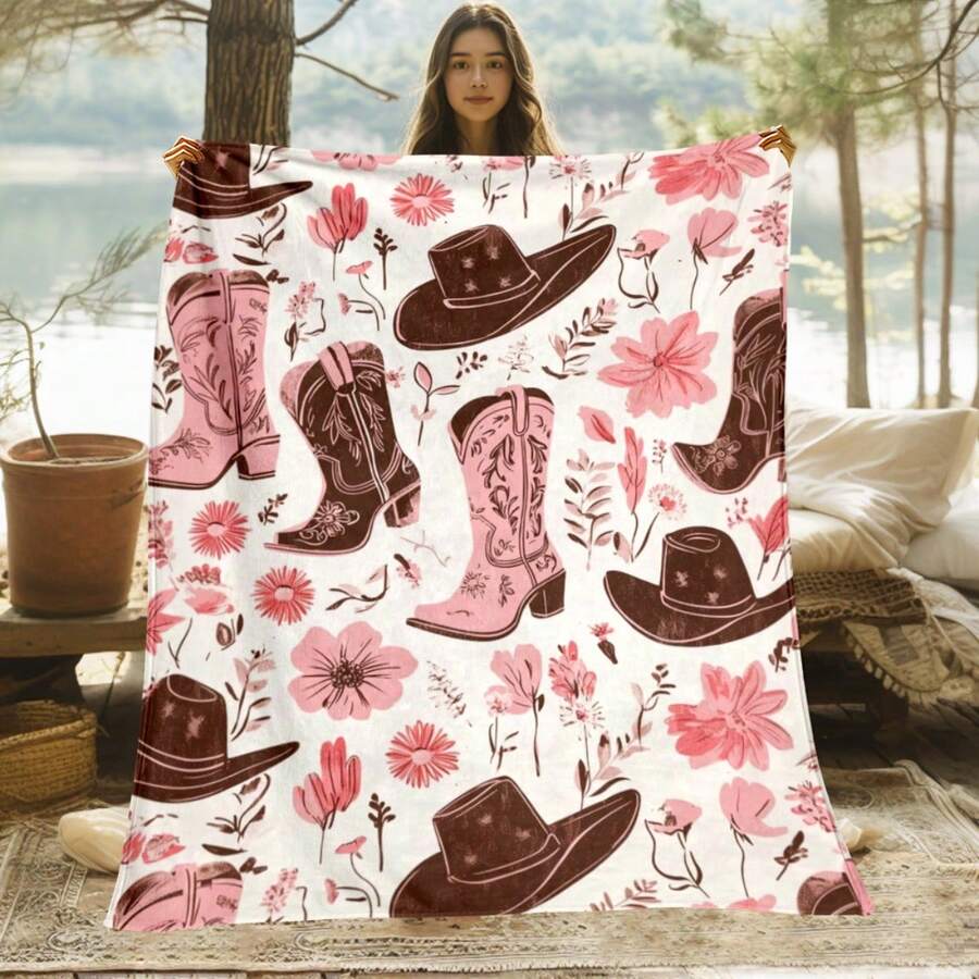 Retro Western Cowboy Theme, Cowboy Boots, Cowboy Hats, Cacti, Feather Design Patterns, Modern Home Style,Super Soft Flannel Printed  Blanket,As Birthday Gifts, Family, Wedding, Souvenir Blankets, Polyester Blankets Suitable For All Seasons, Washable, Machine Washable, Lightweight, Breathable, Comfortable, Warm, Unique, 280gsm For Him, Her Personalized Ideal Gifts For Her, Him, Family, Boyfriend, Girlfriend, Father, Family, Mother, Lover, Daughter, Son, Grandfather, Grandmother, Teacher,Doctor, Nurse,Friend, Classmate, Pet.Perfect Nap, Camping, Travel, Home, Daily Life, Office Decoration, Birthday, Anniversary, Valentine's Day, Thanksgiving, Graduation Season,Christmas, Halloween, Mother's Day, Father's Day, Wedding, New Year Gifts ,Sofa,Bed,Car,Bedroom,Living Room,Office,  Outdoor Camping, Beach,Wall Decoration - 多色18 - 查看 1