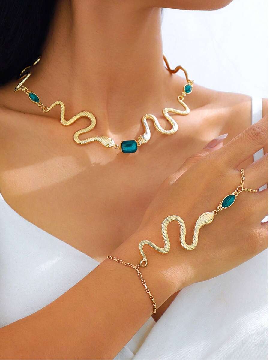 2pcs Exaggerated Fashion High-End Snake & Dark Green Faux Gemstone Necklace & Finger Chain Set, Exotic Mysterious Luxury Jewelry Set, Perfect Gift For Girlfriend, Best Friend, Mother, Suitable For Daily Commute, Parties, Fashion Shoots, Banquets, Vacations - Yellow Gold - View 1