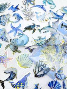 50pcs Blue Marine Animals Sticker Mystical Gilding PET Transparent Decals For Laptop Luggage Guitar Skateboard Phone Case DIY Decorate Sticker - Multicolor - View 4