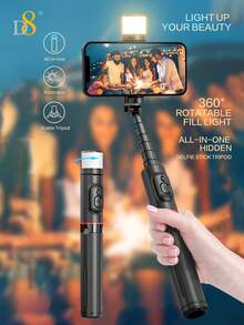 Gậy selfie kiêm chân máy D8, đèn chiếu sáng xoay 360°, chiều dài 765mm, điều khiển từ xa không dây tích hợp, chân máy di động và có thể gập lại dành cho điện thoại thông minh, phù hợp với /Android, phụ kiện thiết yếu cho kỳ nghỉ thu/đông và cắm trại. - Một cỡ - Xem 4