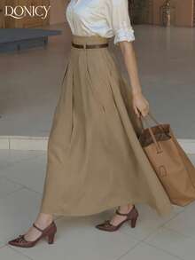 DONICY 女士纯色高腰褶裥中长A字裙，休闲优雅荷叶边裙，适合春夏、时尚、商务、休闲、音乐节、派对等场合 - 卡其色 - 查看 5