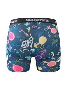 3条装男士时尚涂鸦图案长款平角内裤，透气舒适高弹长款平角内裤，运动短裤，拳击短裤，新奇男士内裤 - 彩色 - 查看 2