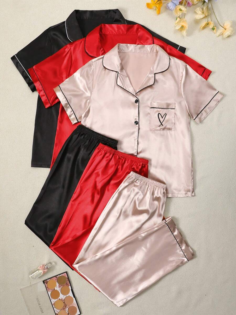 Pijama de mujer de unicolor con pantalones de manga corta y bordado de corazón de San Valentín - Rosa vieja - Ver 1