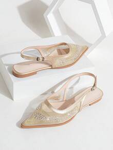 Sapatos de Salto Plano Elegantes e Fashionistas para Mulheres com Decoração de Strass Brilhante, Bico Fino, Design de Bordado em Tela e Tira Traseira, Adequados para Uso Diário, Casamento, Baile de Formatura, Férias, Festa à Noite, Festa de Halloween, Natal, Outono e Festa Noturna - Dourado - Visão 3