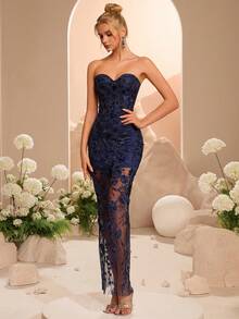 Đầm cocktail thanh lịch không dây vai, eo cao, hở lưng, buộc dây, thích hợp cho tiệc tùng, hẹn hò, dạ hội tốt nghiệp, tiệc chiêu đãi và các dịp trang trọng (Họa tiết hoa ngẫu nhiên) - Màu xanh hải quân - Xem 7