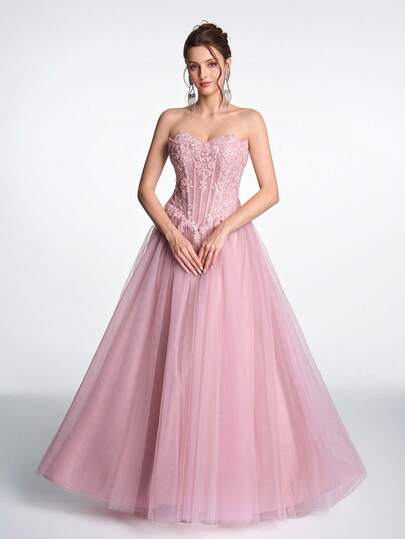 Anymoon Elegant Luxurious Pink Lace Applique Mesh Strapless Corset Backless Tie Maxi Dress, Formal Gown For Wedding, Engagement, Graduation, Prom, Anniversary Gala And Other Formal Occasions Party