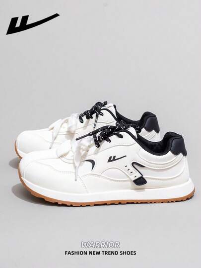  1 Pair WARRIOR Women's Thick Sole Lace-Up Soft Bottom Casual Shoes, Low-Top Outdoor Flat Shoes, Round Toe Low Heel Non-Slip Solid Color Elegant Soft Bottom Hiking Shoes, Suitable For Students, Graduation Photos, Flat Shoes, Low-Top Leather Sneakers