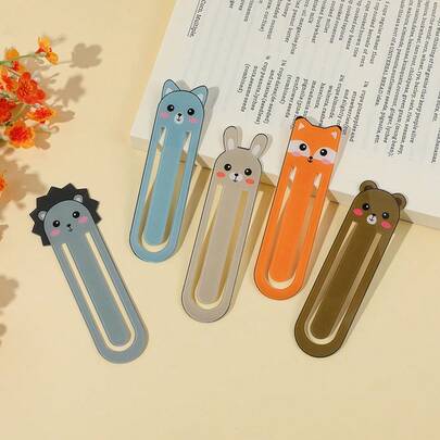 A Set Of Five Cartoon Animal-Themed Acrylic Bookmark Clips, Featuring Cute Designs Of Cats, Pandas, Rabbits, Hedgehogs, And Foxes, A Creative Gift For Animal Lovers, Book Fans, And Readers