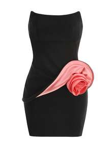 黑色无肩带抹胸上衣，饰有3D缎面玫瑰贴花，搭配双色迷你连衣裙 - 黑色 - 查看 10