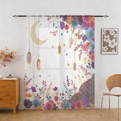 2 Pcs Colorful Floral Moon Lantern Patterned Sheer Curtains, With A Sheer Design And Flat Print, Suitable For Ramadan Living Room And Bedroom Window Decorations, Perfect For Bohemian Romantic Home Decor, And Featuring A Rod Bag Design.