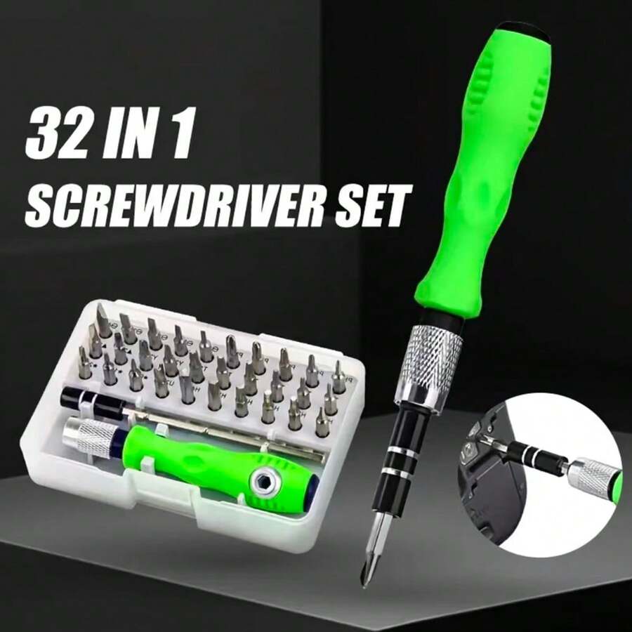32-In-1 Precision Screwdriver Set - Mini Magnetic Flathead & Screwdrivers, Multi-Functional Screwdriver Kit, Hex, Star, Y-Type, Universal Combination Set For Phone, Digital And Small Tool Repair - Green - View 1