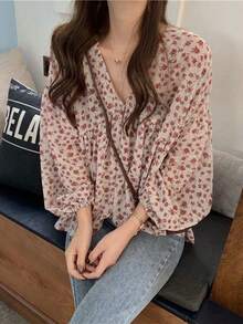 Primavera y otoño nuevo dulce simple suelta temperamento salvaje V-cuello floral de manga larga blusa de gasa camisa blusas elegantes dama - Rosa - Ver 3