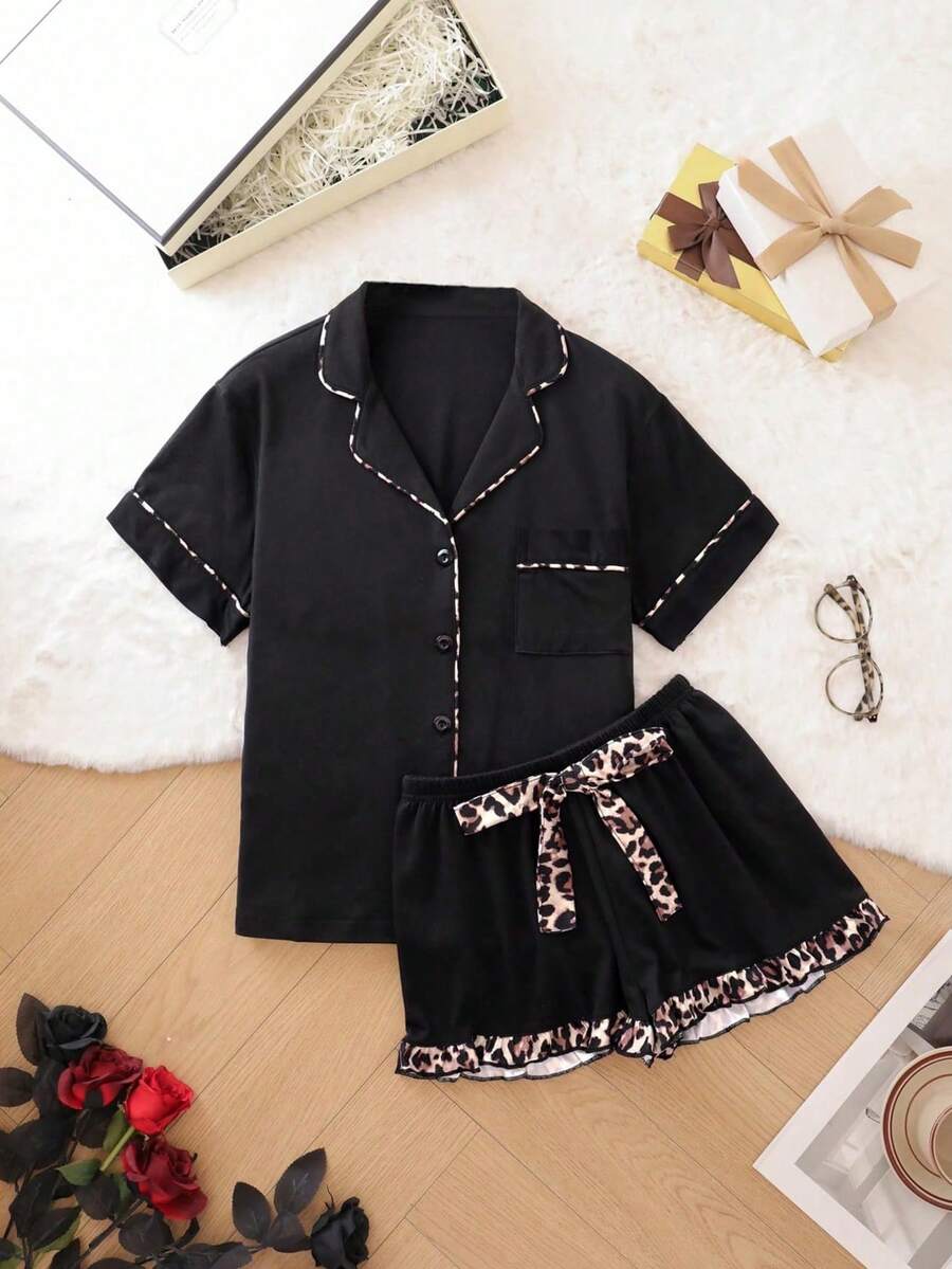 Women's 2 Piece Cheetah Print Cute Pjs Pajama Set Button Down Lightweight Pajamas Ruffle Shorts Lounge Sets Pocket Button Front Short Sleeve - 黑色 - 查看 1
