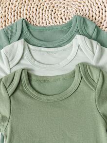 Set de 3 monos informales y cómodos con cuello redondo y manga corta, de moda y de diversos colores, para bebé niño - Verde - Ver 4