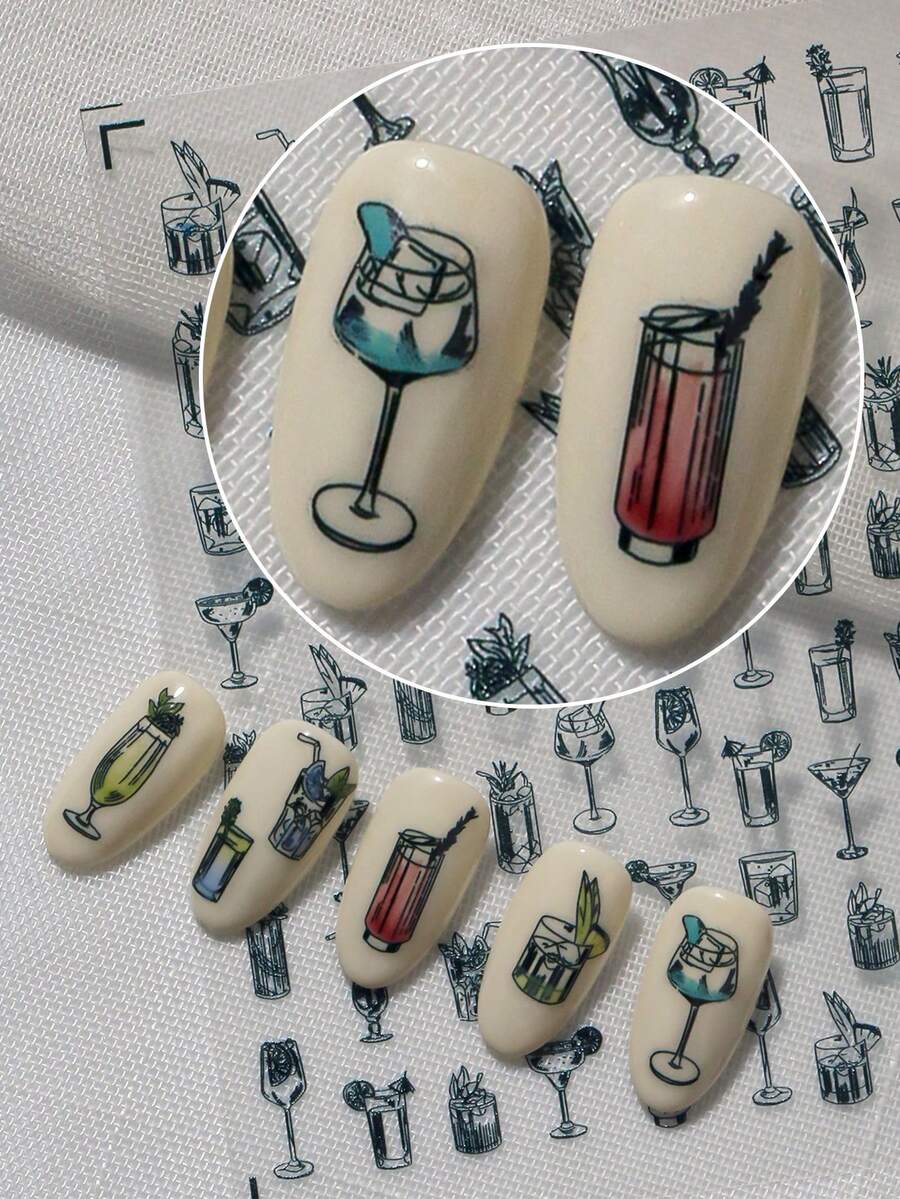 A Wine Glass Cocktail Main Picture Nail Sticker, Embossed Texture, Black And White Hand Drawn Style, With High Footed Cup, Cocktail Glass, Cocktail Shaker, Cold Drink Cup And Other Wine Utensil Patterns, Suitable For Personal DIY And Creating A Casual And Simple Style Nail Art Nails - Black - View 1