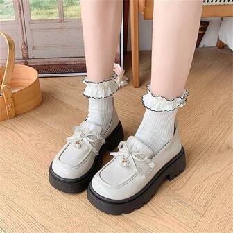 Women's Thick Sole Loafers With Pearl Bow, Versatile Slip-On Oxfords, British Style