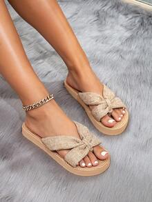 Sandálias Rasteiras Femininas de Verão com Salto Anabela, Solado Grosso de Salto Baixo com Nó, Aparência de Linho, Marrom/Camelo, Slip On Sapatos de Praia para Uso Externo, Praia, Viagem - Caramelo - Visão 2