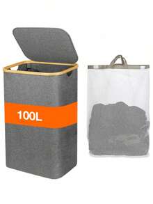 Cesta de lavandería con tapa, 100 L, grande y alta con bolsa extraíble, cesta de lavandería plegable para dormitorio, baño, dormitorio, cuarto de servicio, gris - Gris - Ver 1