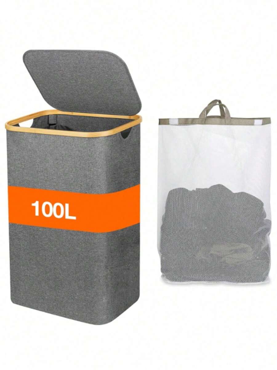 Cesta de lavandería con tapa, 100 L, grande y alta con bolsa extraíble, cesta de lavandería plegable para dormitorio, baño, dormitorio, cuarto de servicio, gris - Gris - Ver 1