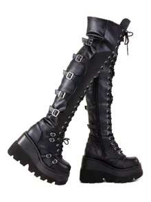 Women's Black Platform Boots Over Knee Thigh High Goth Boots For Women Lace Up Chunky Heel Motorcycle Boots Buckles Side Zip Lace Boots Dressy Party Y2K Shoes - màu đen - Xem 3