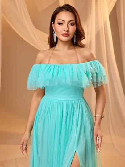 Elegant Solid Color Off-Shoulder Mesh Slit Maxi Formal Dress