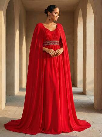 ชุดราตรีแมกซี่สีแดงสง่างาม ชุดเดรสปาร์ตี้ชิ้นเดียว ชุดบอล ชุดคลุมแขนชีฟอง สำหรับผู้หญิง ชุดทางการ แขกรับเชิญงานแต่งงาน งานพรอม พรมแดง สไตล์เทพธิดา คอวี จับจีบ จับรูด พลอยเทียม ประดับด้วยลูกปัด เอว ยาวถึงพื้น พริ้วไหว สไตล์อาหรับ