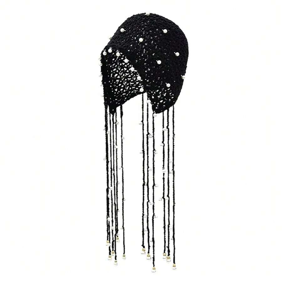 Handmade Crochet Beanie Sun Summer Hat Skull Cap For Women Lace Beach Hat Lightweight,PearlTassels-Black - 珍珠流蘇-黑色 - 查看 1