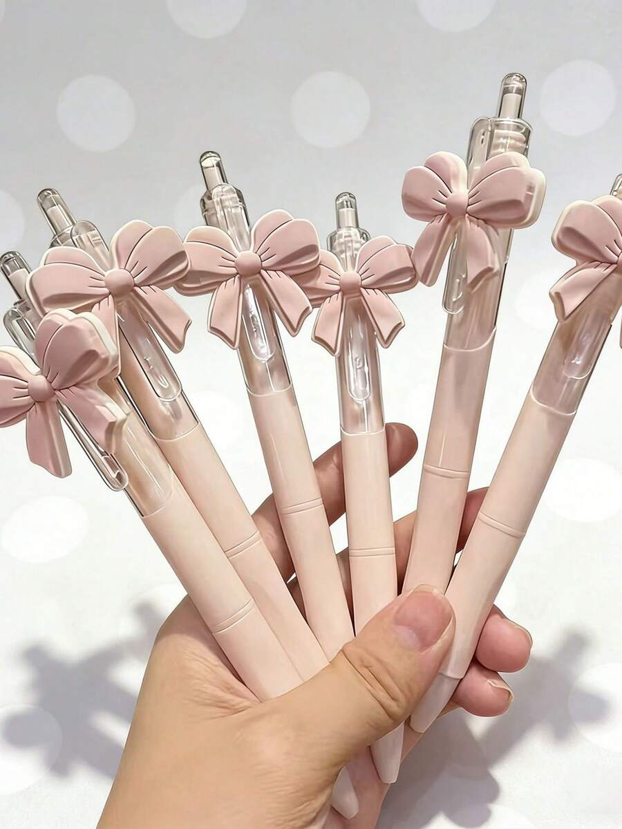 2pcs/6pcs, Fresh Ins Style Bow Tie Push-Button Neutral Pen 0.5mm Ballpoint Pen, High Quality Pressurized Round Pen, Student & Girl Gift Pen, Cute Pink Bow Tie Design, Party Favor - Black - View 1
