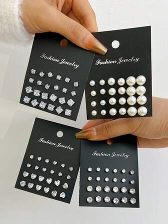 96pcs Women's Stud Earrings Set, Fashion Minimalist Vintage Basic Sparkling Bling Bling Heart/Square/Round Cubic Zirconia & Faux Pearl Earrings, Unisex Daily Wear Jewelry, High Cost-Effective