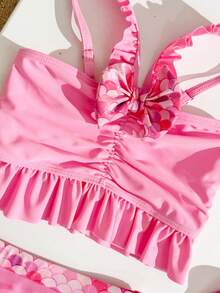 Young Girl New Pink Ruffle Trim Tankini Top + Fish Scale Print Triangle Bikini Bottom Set With Mini Skirt - Pink - View 4