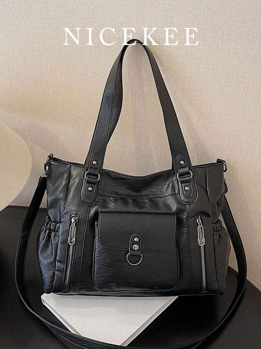 Bolso de hombro de gran capacidad para mujer de unicolor, bolso de mujer de gran capacidad con textura de moda, bolso de mano grande, bolso bandolera personalizado para mujer, adecuado para uso diario y universidad, adecuado para salir, compras, regalos, viajes, ir y venir - Negro - Ver 1