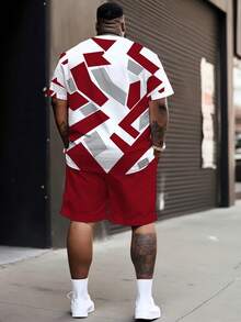 2pcs/Set Summer Men's BIG&TALL Plus Size Set, High Contrast Red & White Geometric Stripe Textured Print Top And Shorts, Casual High Street Style - Red - View 2