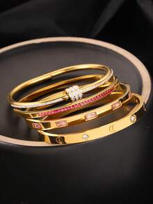 4pcs Fashionable, Luxurious And Elegant Stainless Steel Moon Bracelet Set, Waterproof, Non Fading, Stackable Jewelry, Daily Wear For Men And Women, Party Gatherings, Valentine's Day, Christmas Holiday Gifts - Gold - View 5