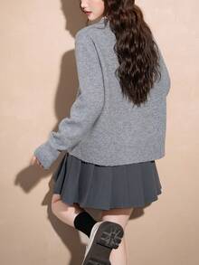 Alicedudu Women's Spring Minimalist Style Delicate Embroidery Design V-Neck Cardigan Sweater - Grey - View 2