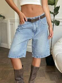 Modische leicht ausgewaschene hellblaue Damen Jeans-Shorts mit verstellbarem Mehrknopf-Design, lässig, locker, weite Beine, Fünf-Taschen-Hose aus Stoff für den Sommer - Helle Waschung - Übersicht 5
