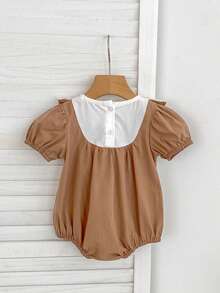 Pastoral Style Baby Girl Embroidered Romper, Summer New Sweet Lace Trim Princess Infant - Brown - View 3