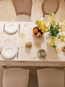 1pc Beige Rectangular Tablecloth, Boho Style With Tassels, Moon, Lanterns, Stars, Geometric Patterns, Washable, Suitable For Dining Table, Coffee Table, Kitchen, Living Room, Meals, Gatherings, Parties, Holiday Celebrations, Islamic Festivals, Gifts - Beige - View 12