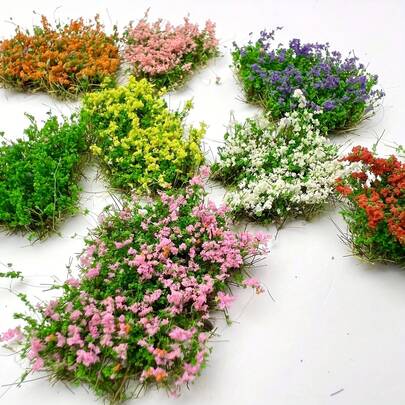 1盒微型人造花簇和草丛套装，塑料材质，可手工撕成不对称的花卉组合和微缩模型，尺寸为8.5*5.8厘米，适用于火车场景/铁路/农舍装饰/微缩景观道具，手工撕扯逼真草坪，微缩景观，DIY微缩模型/微缩物件，微缩模型，迷你装饰