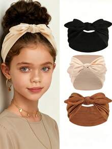 3/1pc Girls Bowknot Rabbit Ear Headband, Boho Extra Wide Cute Rabbit Ear Knotted Headband, Solid Color Bowknot Hair Accessory, Suitable For Girls Daily Wear, Autumn/Winter Headband - Multicolor - View 11