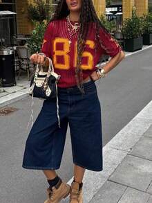 Summer Casual Solid Color Knit Top, Street Casual Knit Mesh Digital Star Pattern Loose Fit Short Sleeve Knit Sweater - Red - View 2