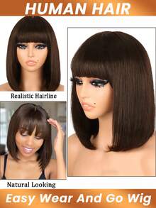 Straight Bob Wigs Glueless Straight Human Hair Wigs With Bangs Fringe Middle Part Bob Wig Realistic Scalp Dark Brown BoBo Wig Machine Made Wig For Women Cosplay Daily Hair Wig #4 - S4 - View 4