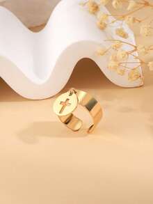 1pc Fashionable Hollow Cross Pendant Ring - Yellow Gold - View 1