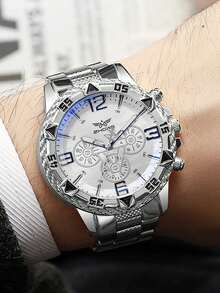 1pc Luxury Fashion Mixed Bar Scale Tri-Dial Dial Steel Band Quartz Watch, Suitable For Daily Wear, Birthday Gift, Anniversary Gift - Silver - View 4