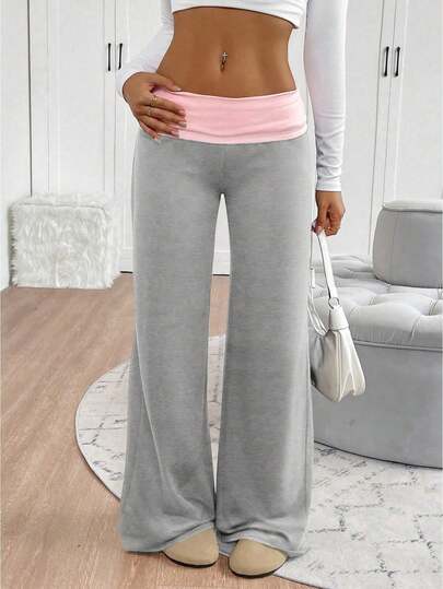 Women High Waist Flare Leggings Fold Over Yoga Pants Contrast Color Flared Leggings Bell Bottom Y2K Baggy Wide Leg Lounge Sweatpants