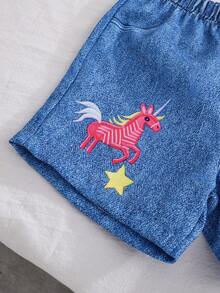 女婴可爱云朵印花T恤和短裤休闲套装，春夏款 - 杏色 - 查看 7