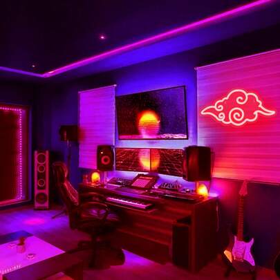 1个红色云朵LED霓虹灯，动漫风格墙饰，9种模式开关控制，无需电池，USB供电，适合动漫迷，可用于卧室、游戏室和私人空间墙面装饰。