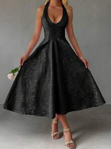 Unadoll 女士性感露背吊带连衣裙,3D提花面料,优雅款式,适合晚宴、约会、学校开学典礼、鸡尾酒会、婚礼、圣诞节、感恩节等场合。 - 黑色 - 查看 6