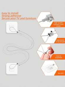 2 Sets 42-Inch Adjustable Metal Anti-Tip TV Straps, Drill-Free Adhesive Furniture Wall Anchors For Child Safety Protection. Securely Fasten Flat-Screen TVs To Walls, Cabinets, Stands, Tables, Dressers Or Bookcases. - Multicolor - View 5